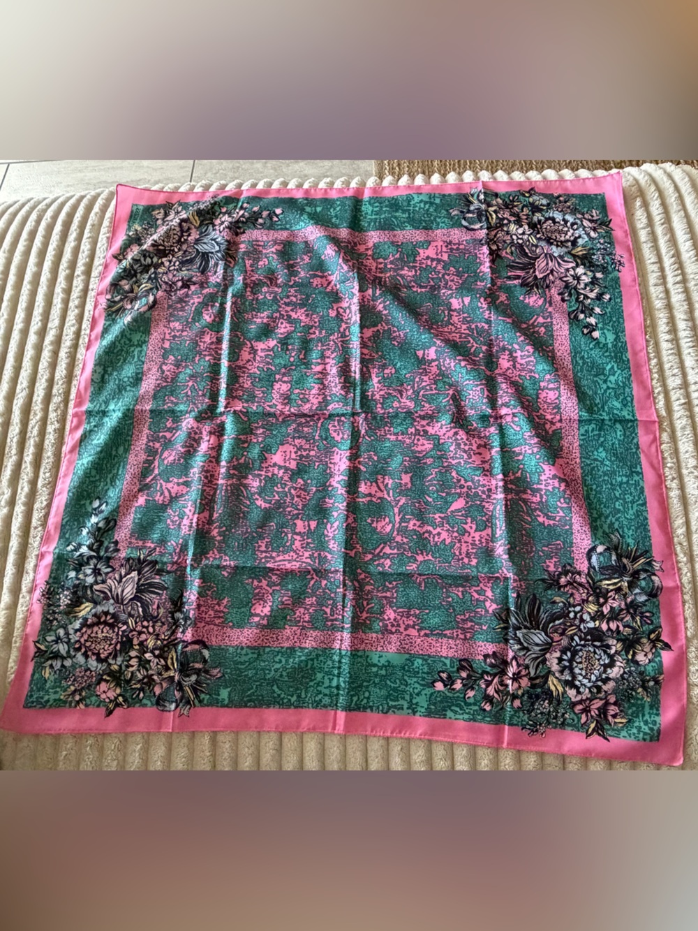 Axcess Pink and Green Floral Silk-Feel Square Scarf